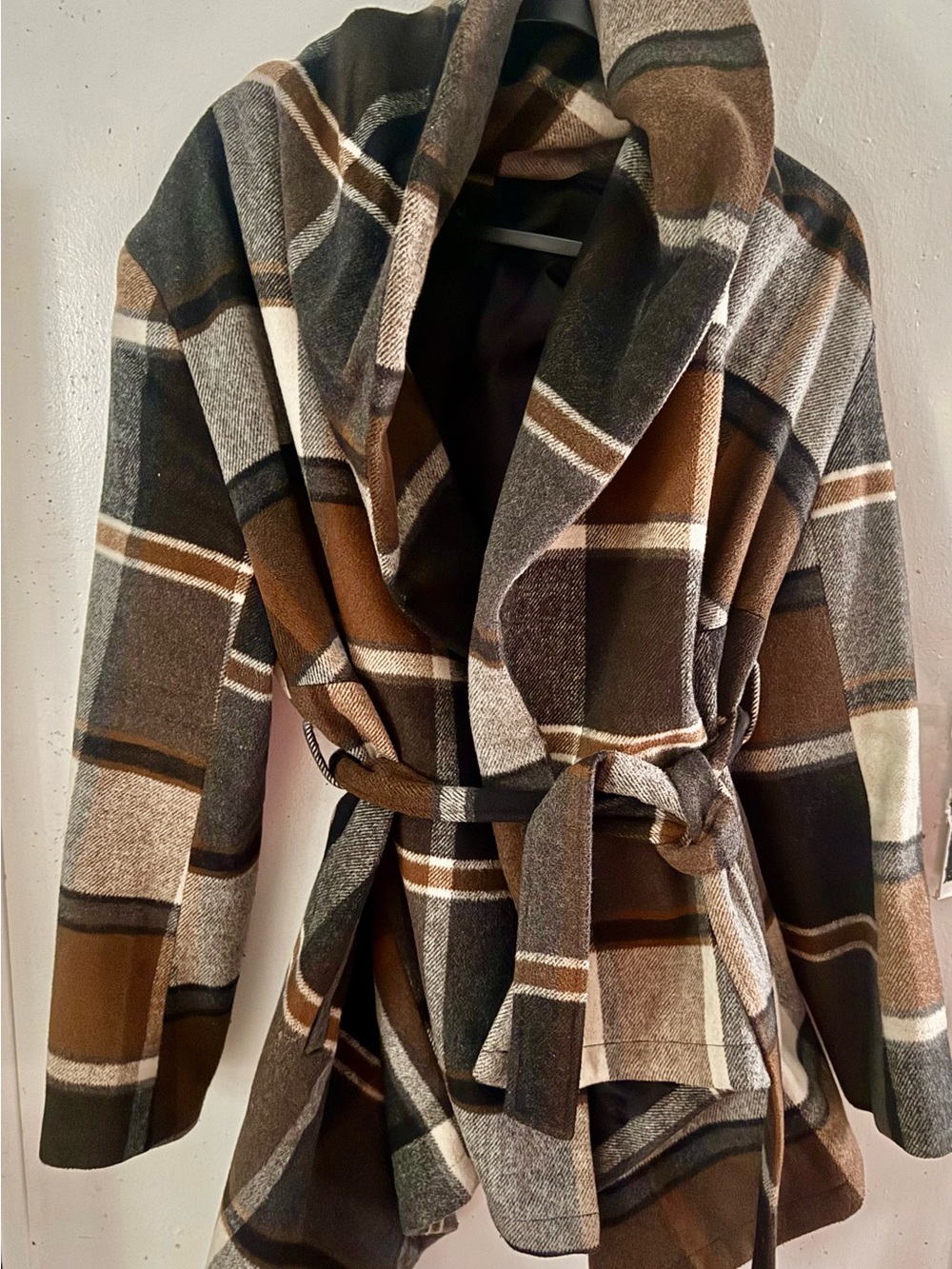Plaid Belted Hooded Wrap Coat in Brown & Gray